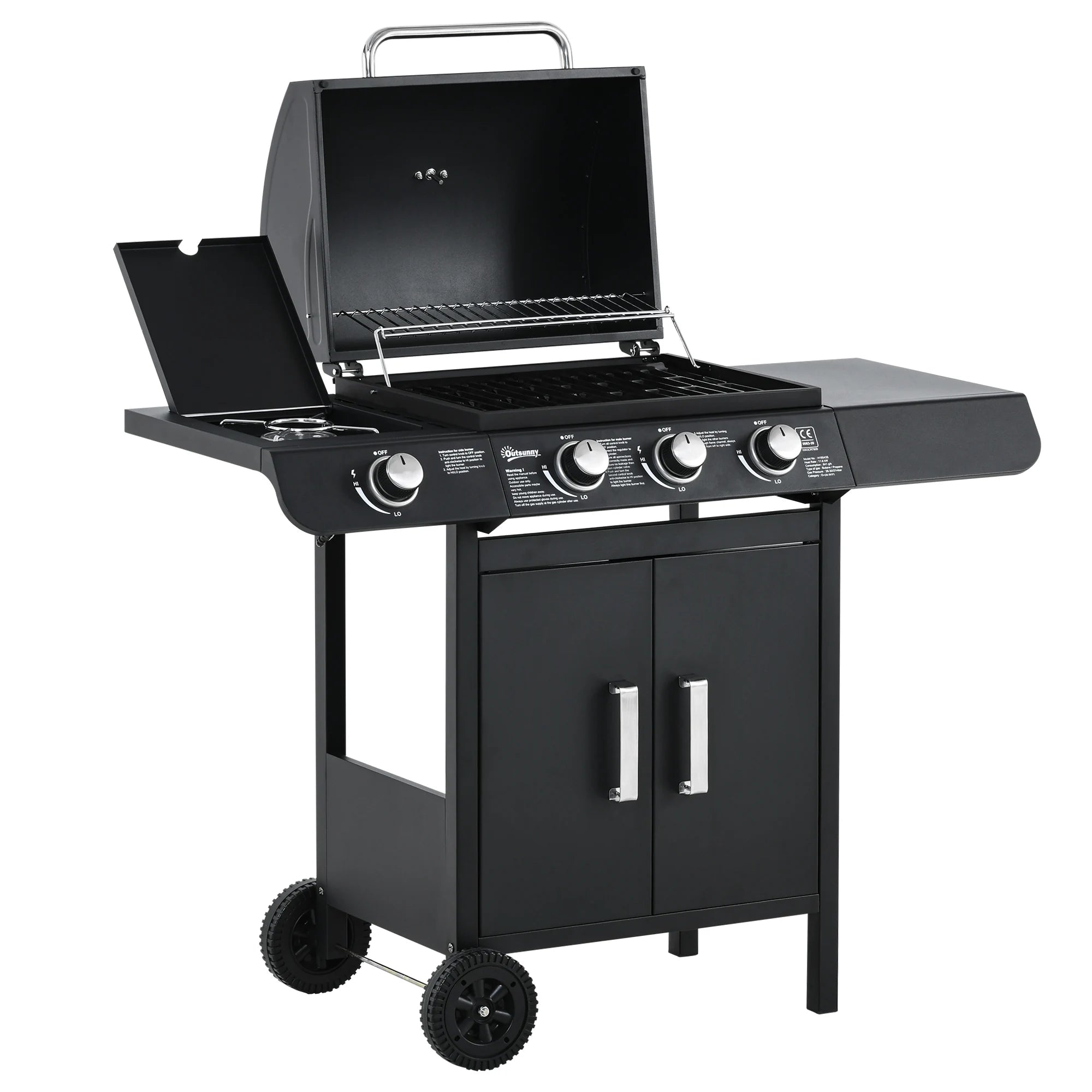 3+1 Burner Gas BBQ Grill with Side Burner Warming Rack Thermometer and Cabinet for Garden Outdoor Cooking