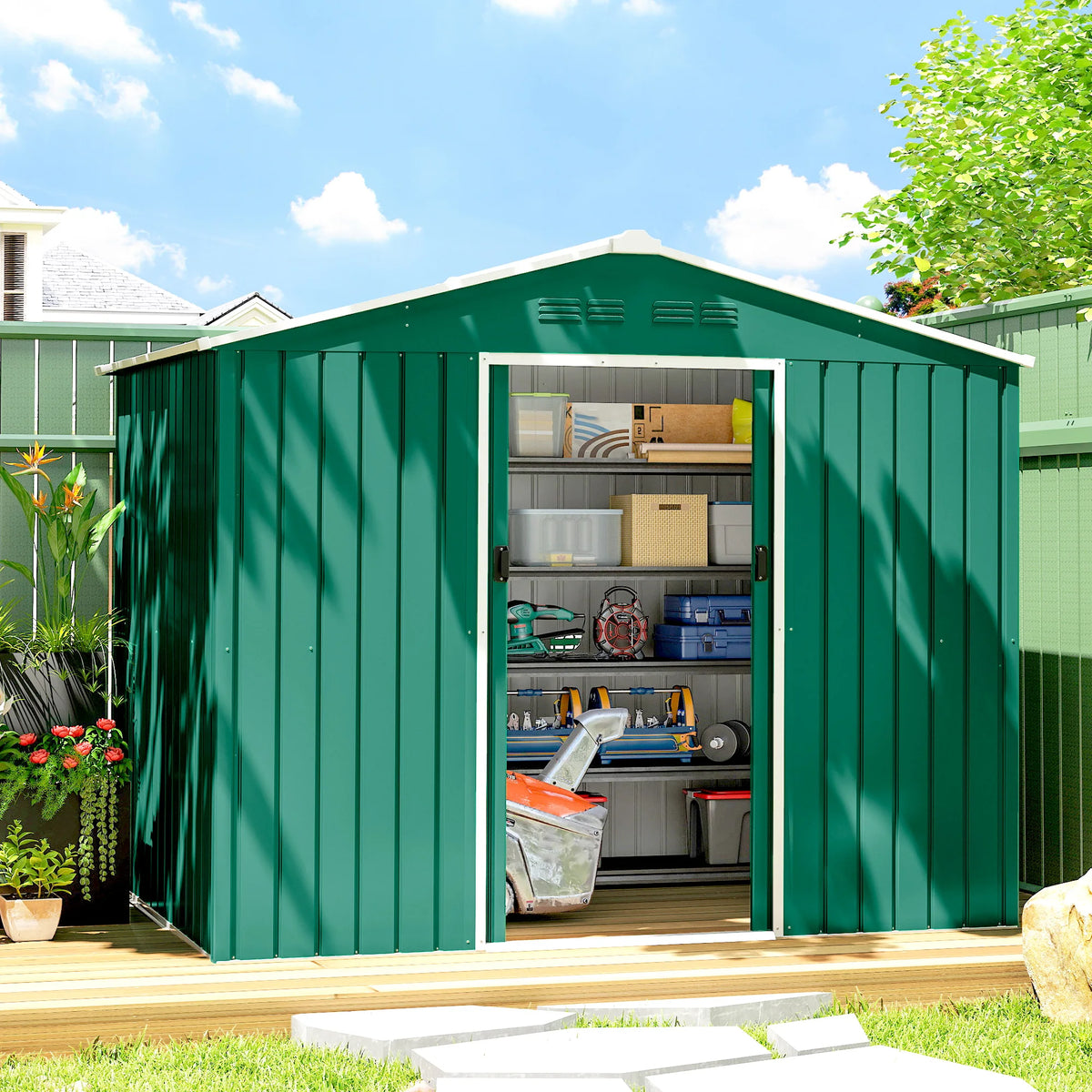 8 x 6ft Metal Garden Shed with Lockable Double Sliding Doors and Vents