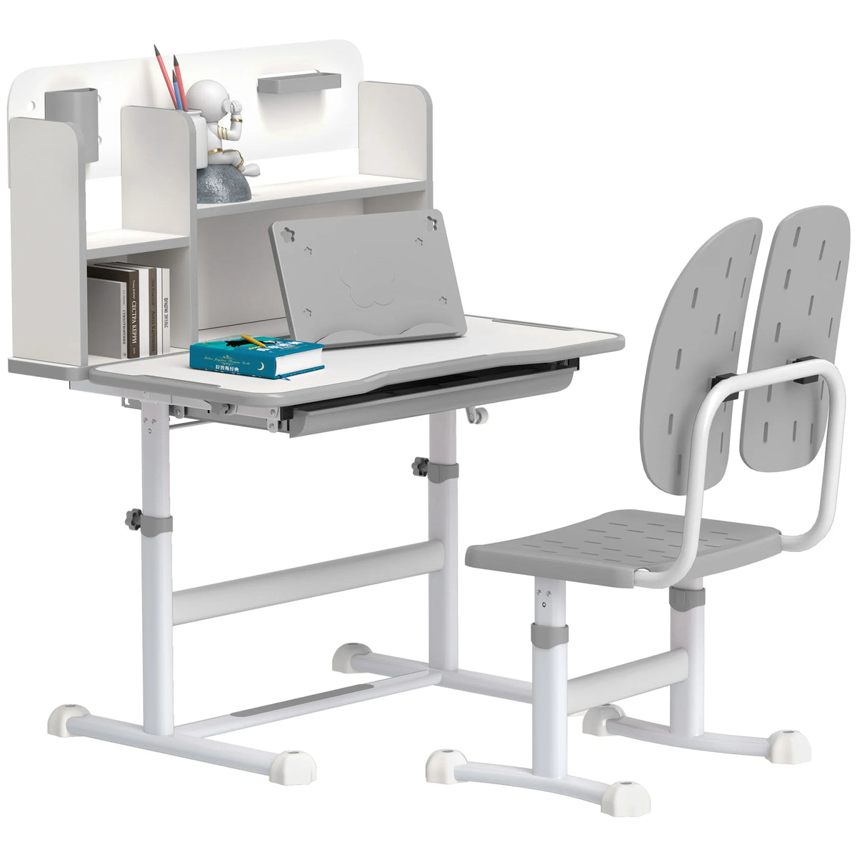 Height Adjustable Kids Study Desk with 0-45° Tiltable Top Drawer Bookshelf and Reading Rack Ages 3-13