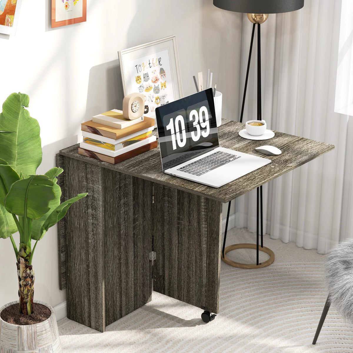 Mobile Drop Leaf Dining Table with 2 Wheels, Grey