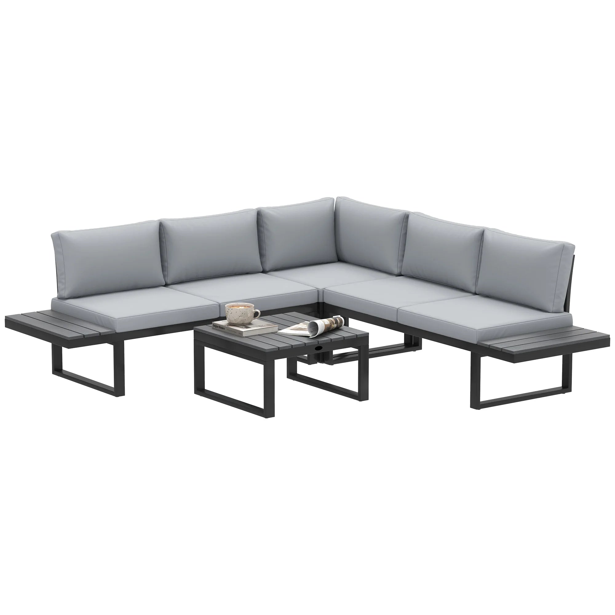 4 Piece Patio Garden Sofa Set with 5 Level Reclining Corner Sofa Loveseats and Coffee Table Outdoor Lounge Set