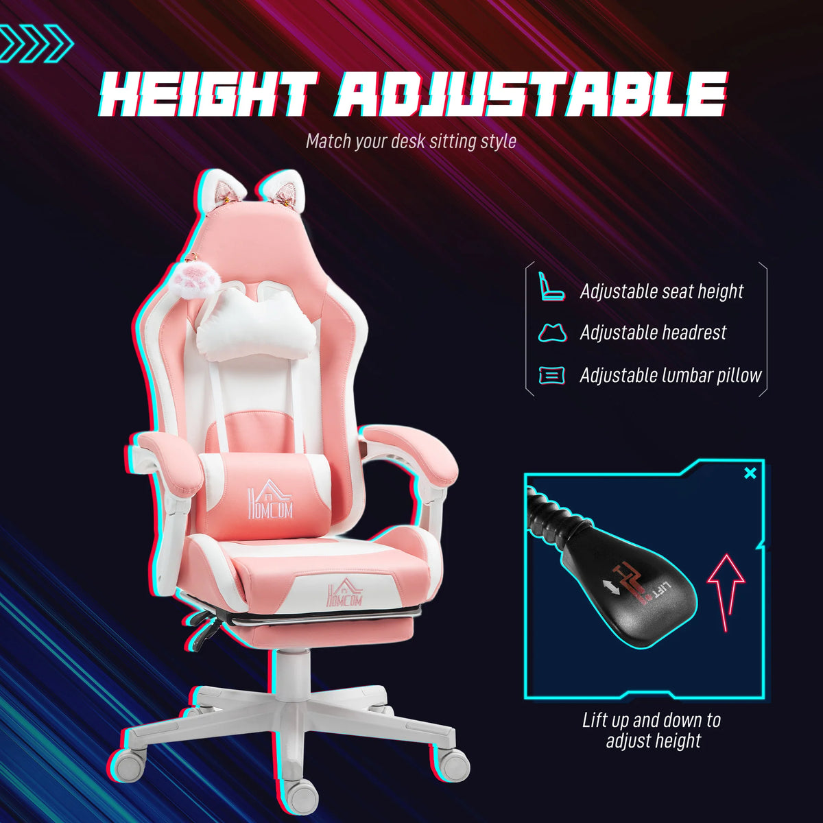 Gaming Chair with Retractable Footrest Reclines to 135 Degrees Cat Ear Design Faux Leather Height Adjustable