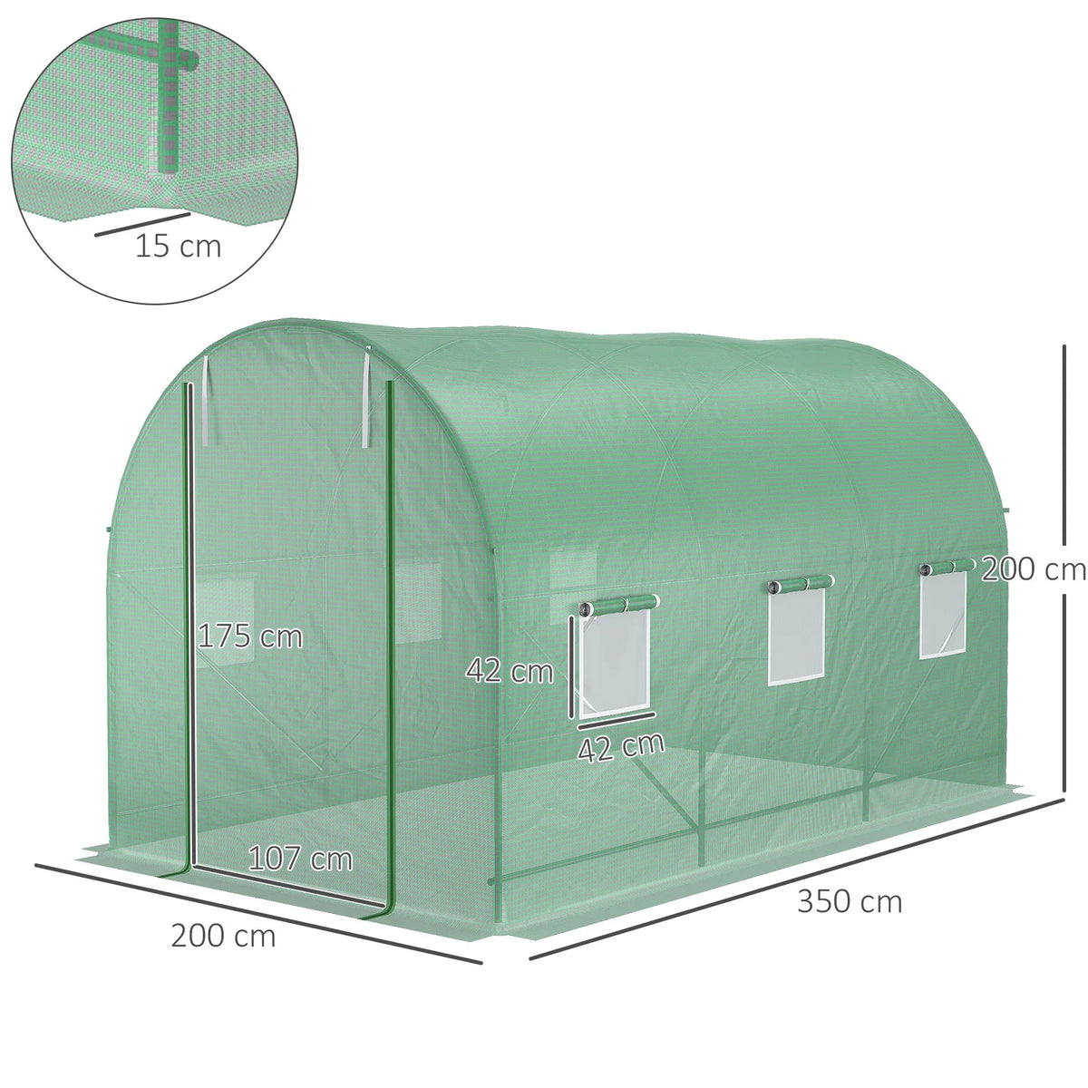 Walk In Polytunnel Greenhouse 3.5x2m with Steel Frame Metal Support Rods Roll Up Door and Mesh Windows Green