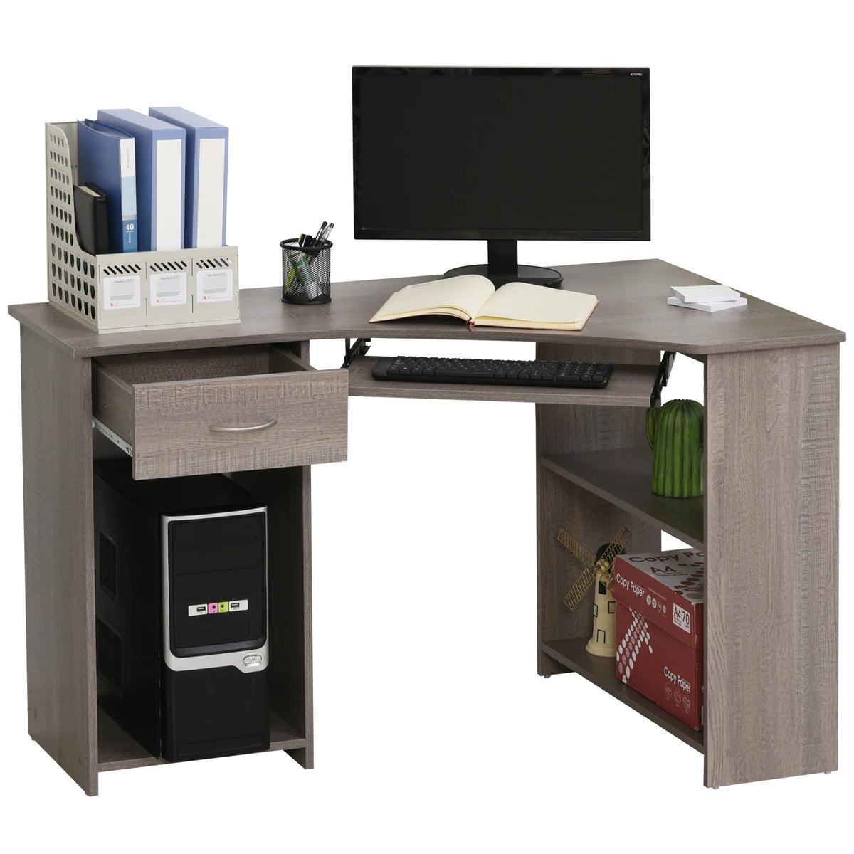 L-Shaped Corner Computer Desk with Keyboard Tray, Shelves and Drawer, Grey