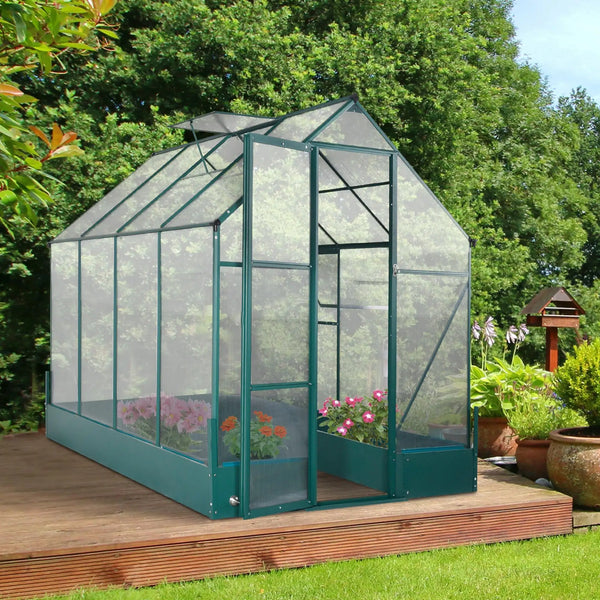 6x8 FT Polycarbonate Greenhouse with Base and Raised Bed, Walk-in Greenhouse with Aluminium Frame