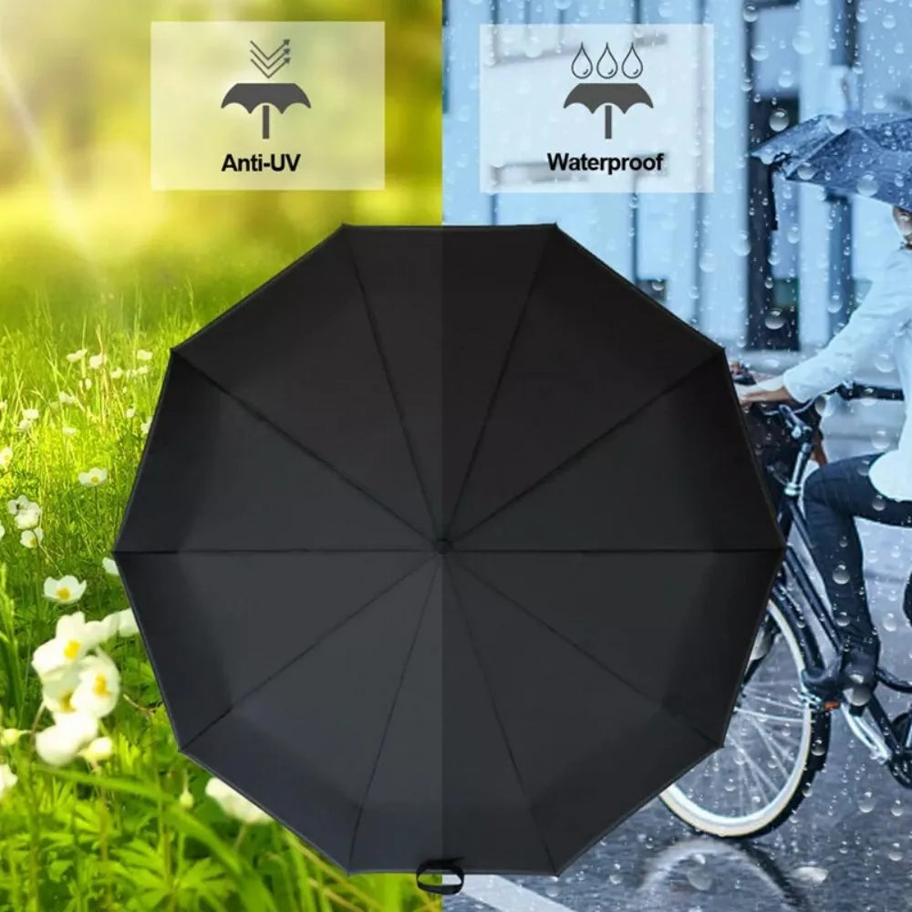 24-Rib Windproof Automatic Folding Umbrella, Compact Travel Umbrella, Black