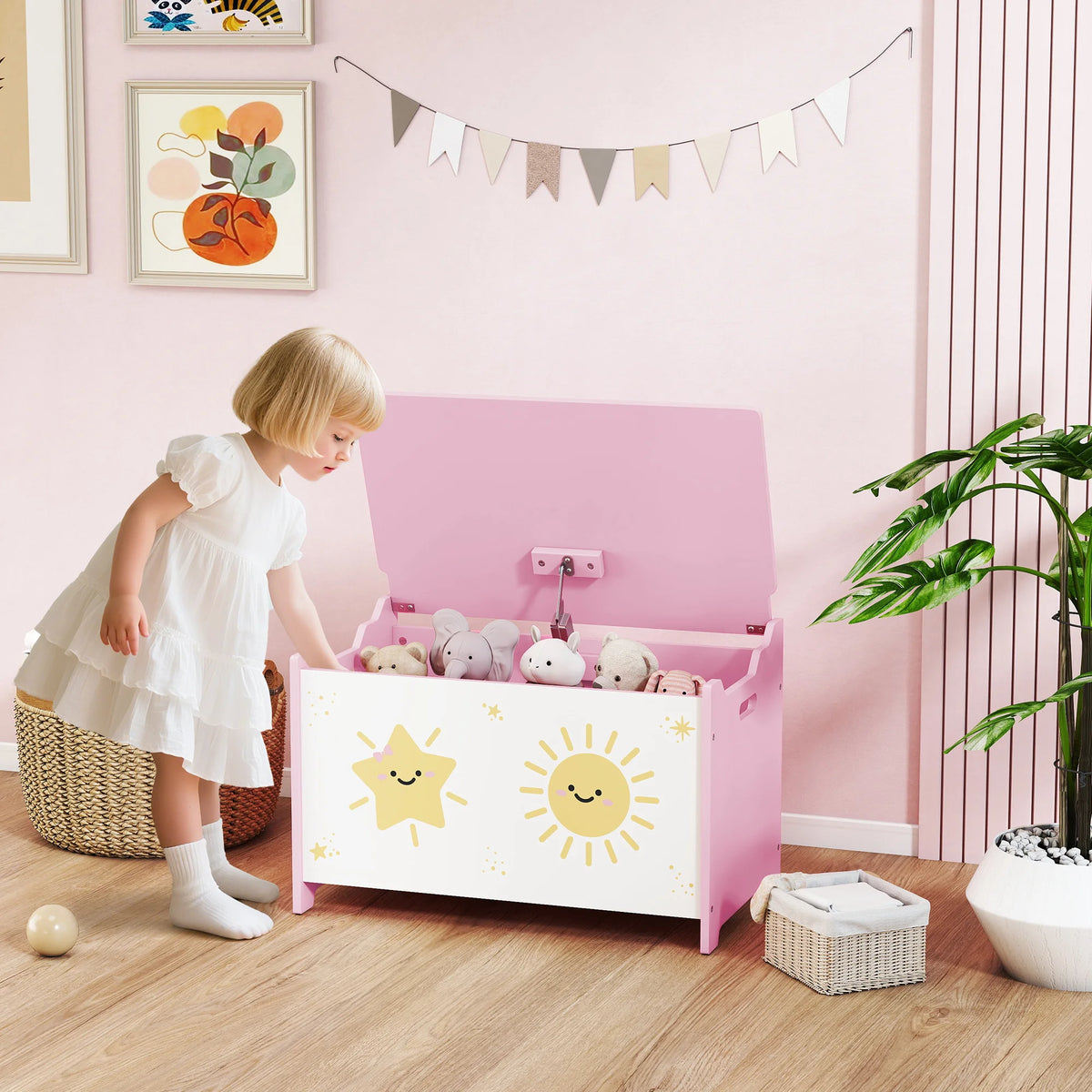 Kids Toy Box with Lid and Safety Hinges 60x37x39cm MDF Storage Chest 20kg Capacity Pink