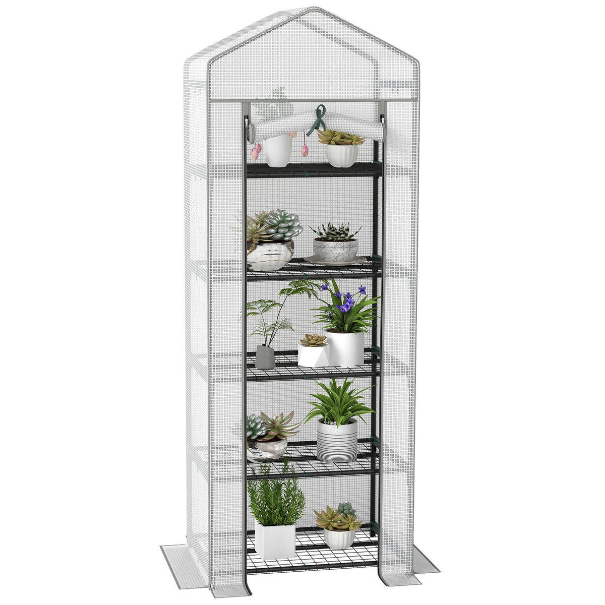 Portable Mini Greenhouse with 5 Wire Shelves and Roll-Up Door, 193cm