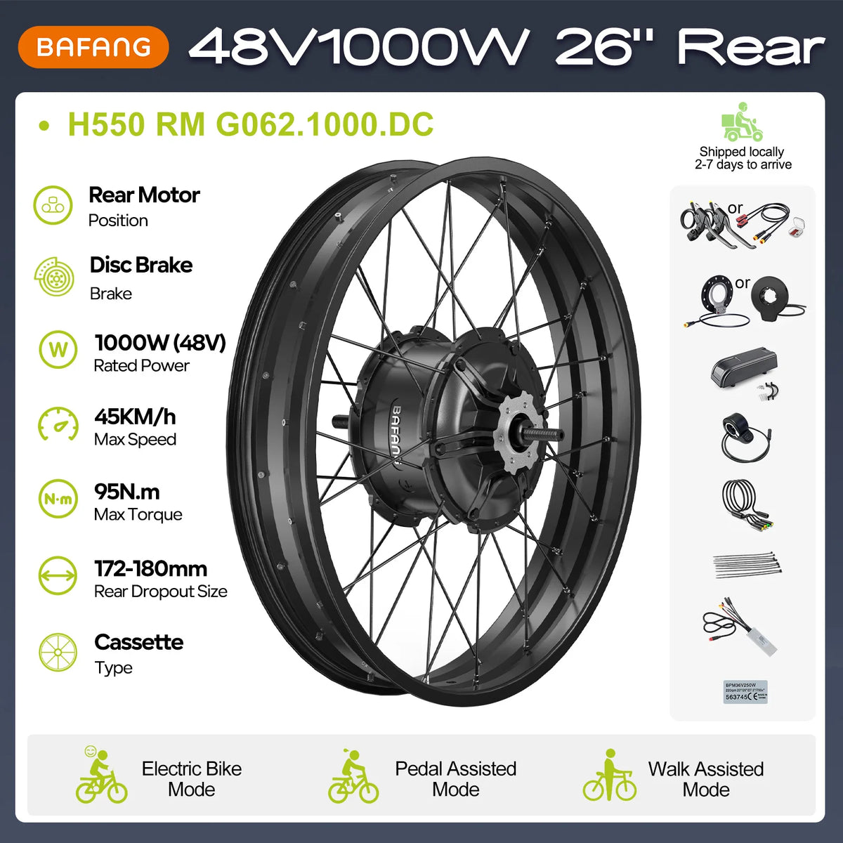 48V Rear Hub Motor E-Bike Conversion Kit 500W, 750W or 1000W for 20", 26", 27.5" and 700C Cassette Wheels