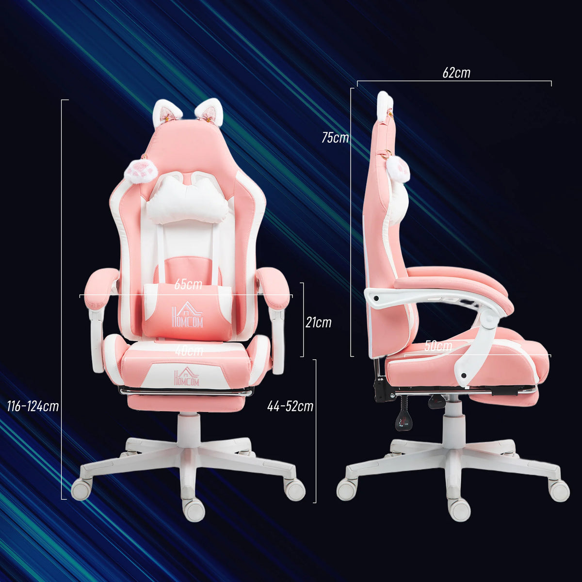 Gaming Chair with Retractable Footrest Reclines to 135 Degrees Cat Ear Design Faux Leather Height Adjustable