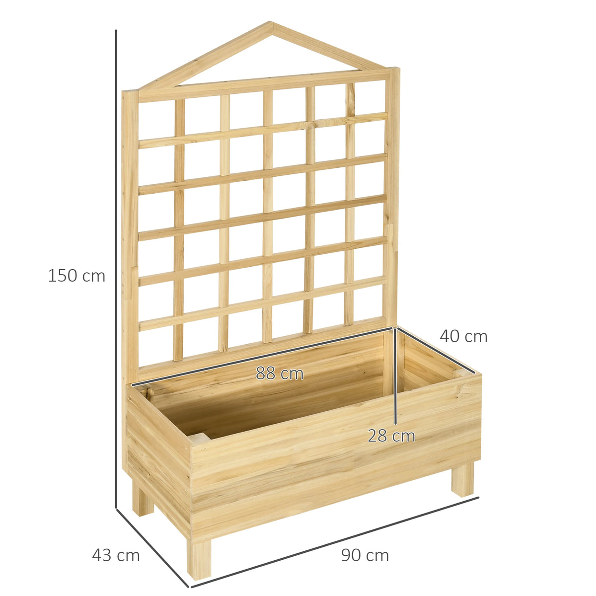 Wooden Planter with Trellis for Climbing Plants, Fir Wood Raised Bed, 90 x 43 x 150 cm