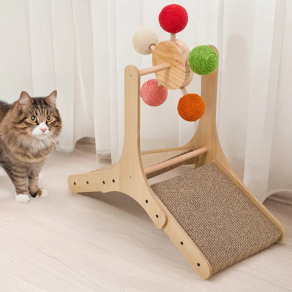 Wooden Ferris Wheel Cat Scratching Post with Rotating Sisal Balls and Scratcher Base Interactive Cat Toy