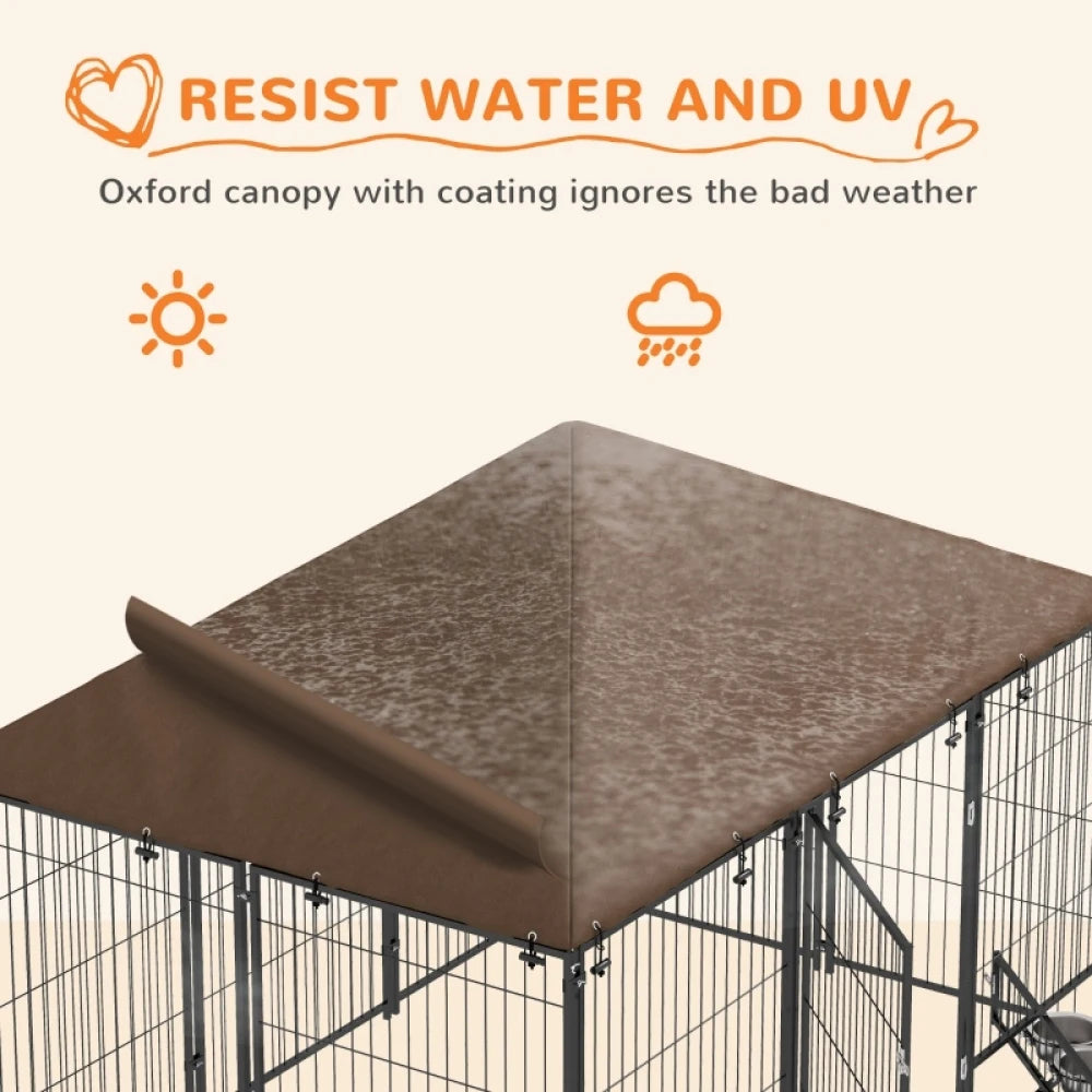 Outdoor Dog Kennel 211x141x151cm Puppy Playpen with Canopy Rotating Bowl Garden Fence Enclosure Brown