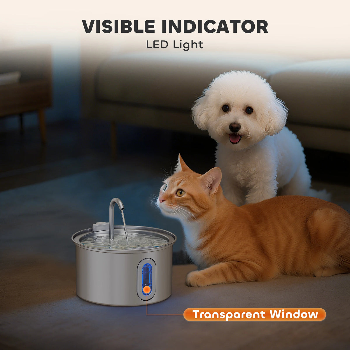 Cat Water Fountain 2.5L 304 Stainless Steel Ultra Silent Pump with Filter and LED Water Level Window