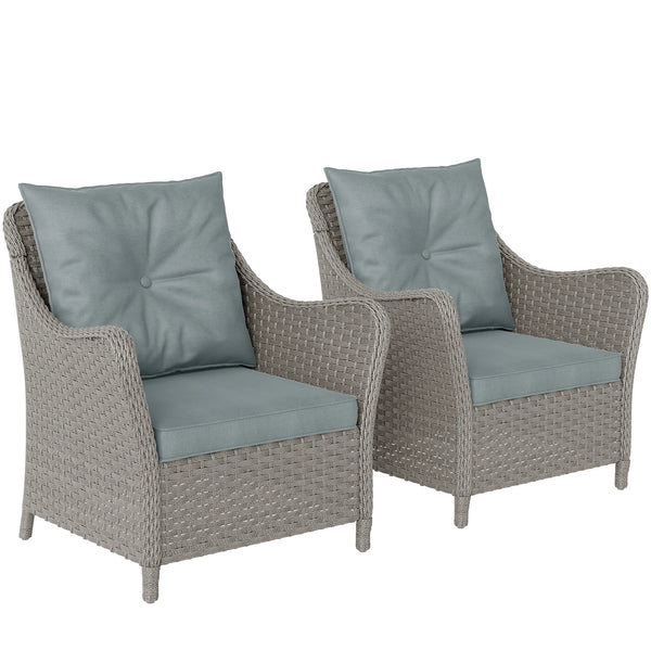Set of 2 Rattan Garden Chairs with Washable Cushion Covers Curved Armrests High Back Powder Coated Steel Light Grey