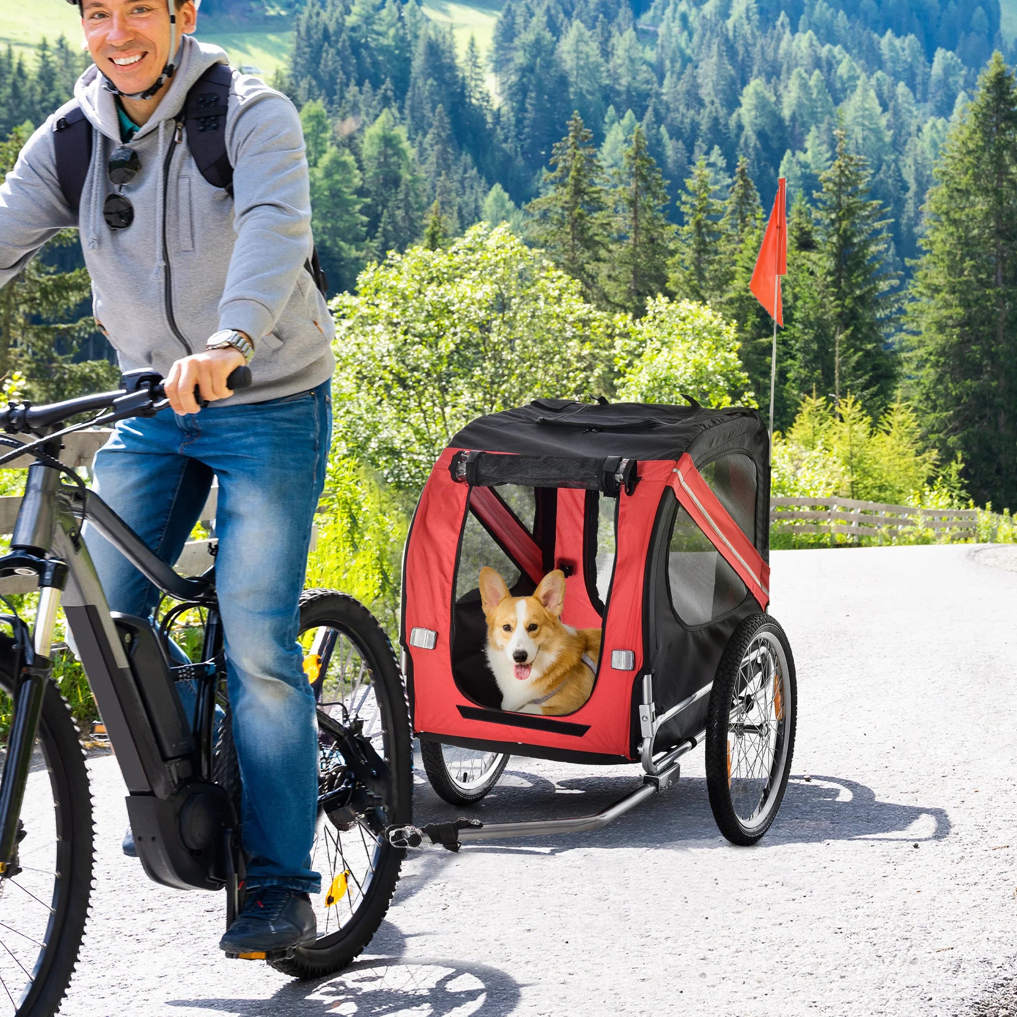 Pet Bicycle Trailer Dog Cat Bike Carrier with Mesh Windows Weather Resistant Oxford and Safety Flags for Medium Dogs