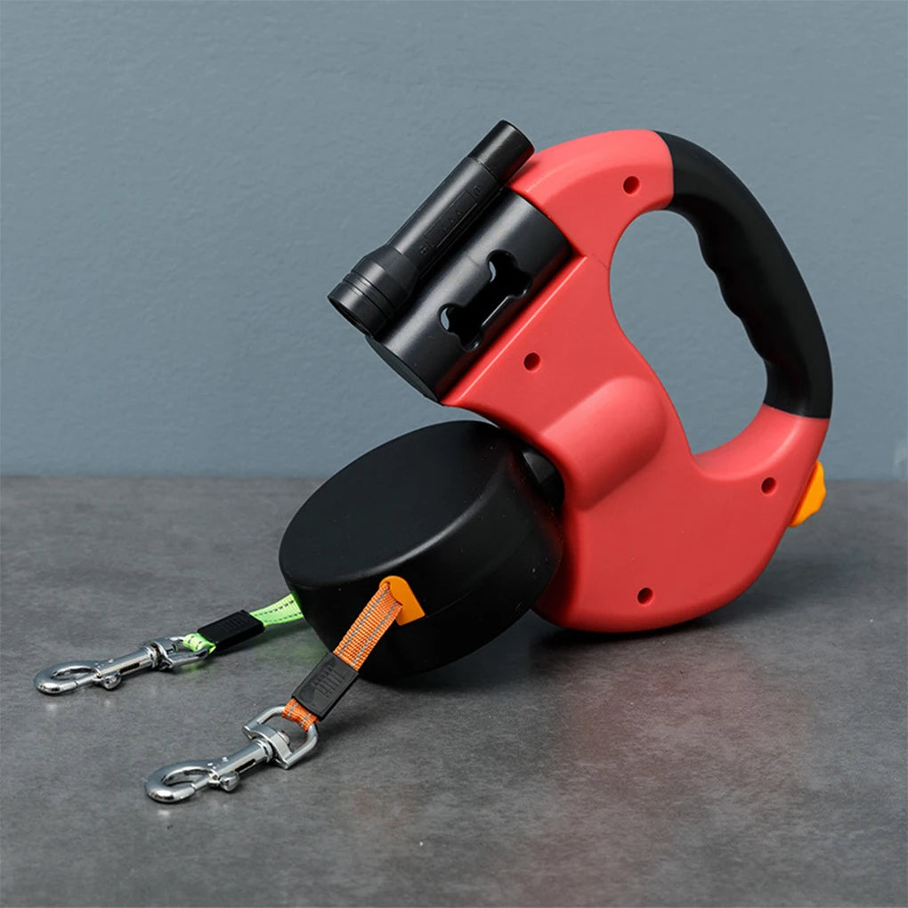 Small Dog Leash Dual Retractable Heads LED Light 360° Rotatable Push Button for Pet Walking
