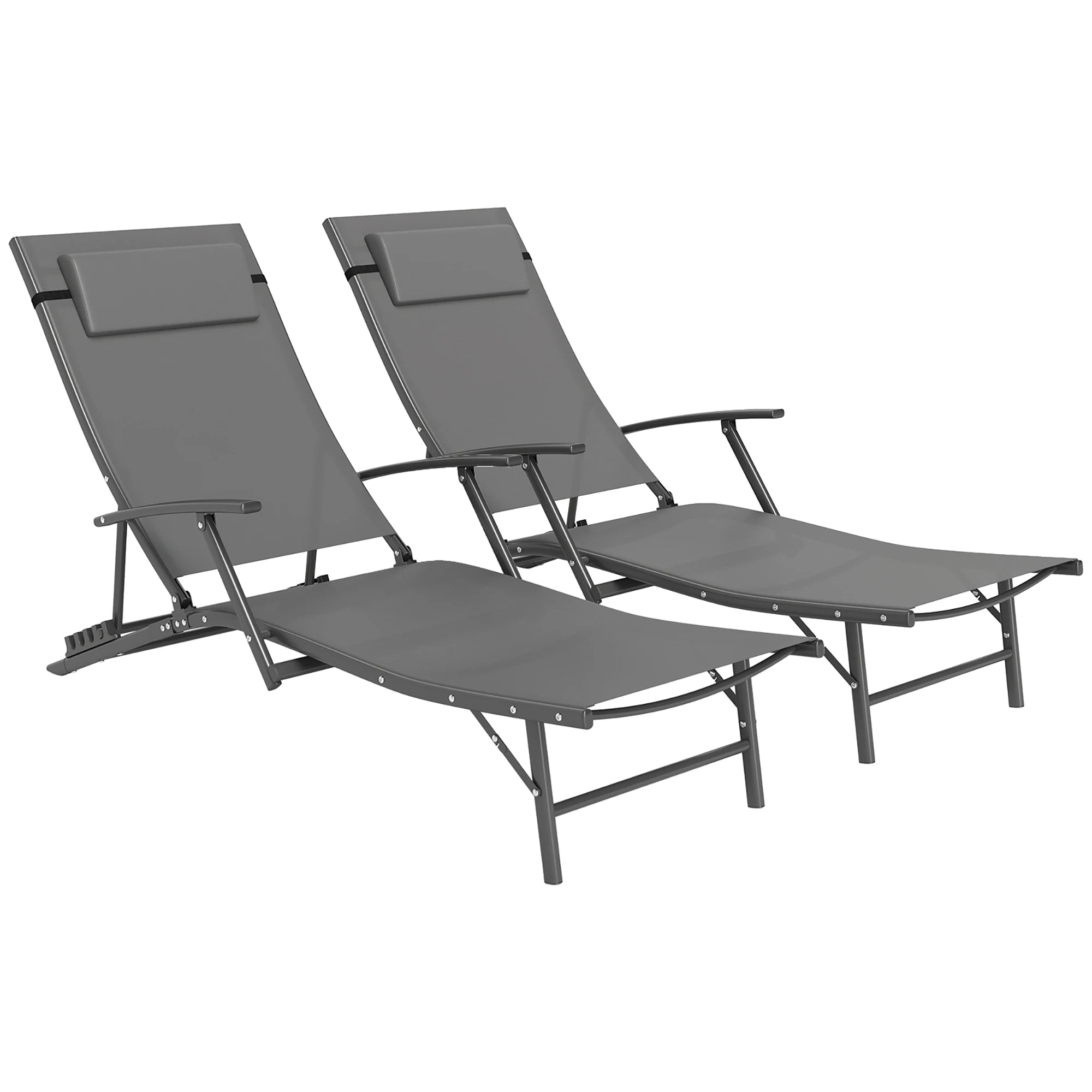 Set of 2 Folding Garden Sun Loungers with 4 Recline Positions, Texteline Mesh and Head Pillow