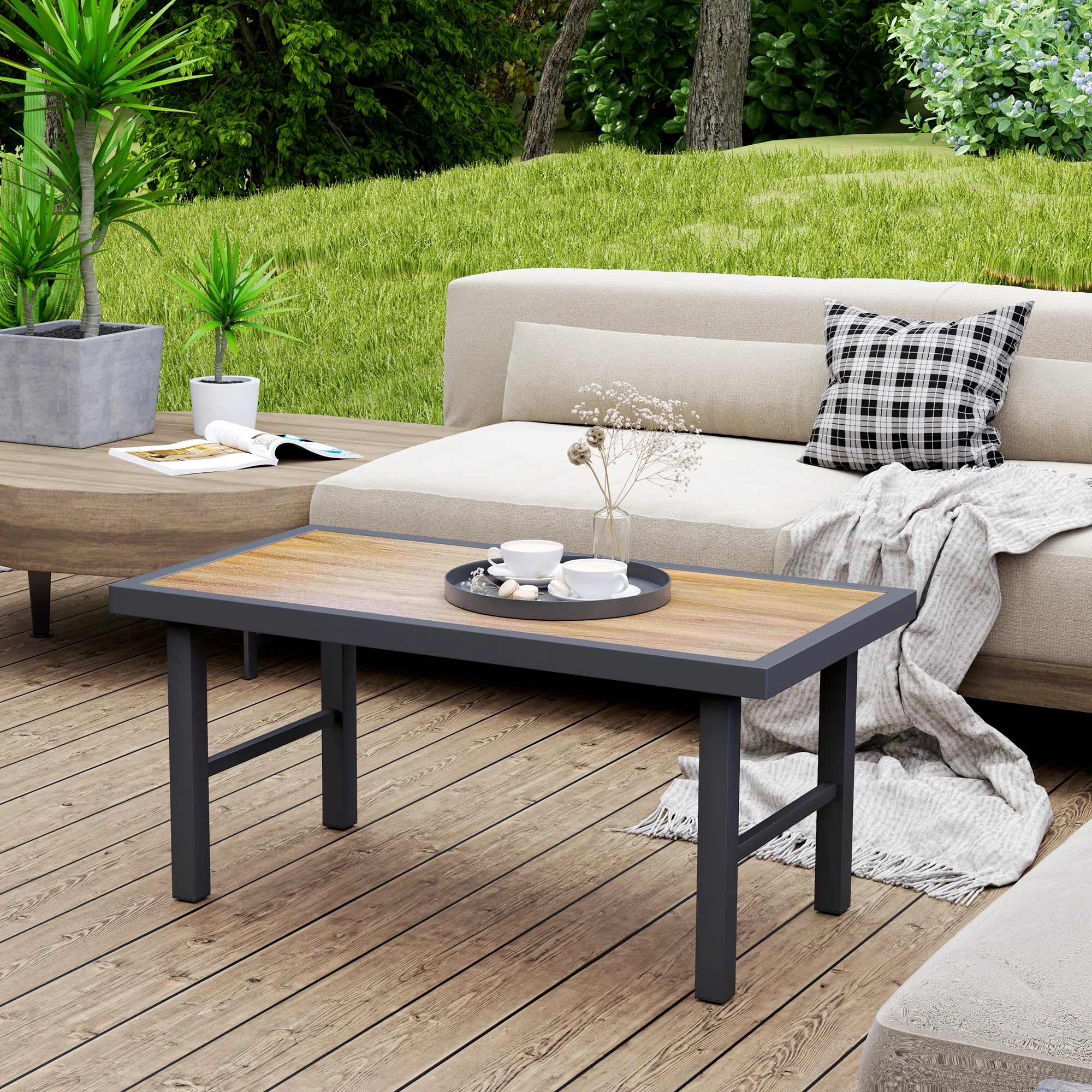 Outdoor Garden Coffee Table 100x53cm SPC Wood Grain Top Powder Coated Metal Frame Weather Resistant Brown