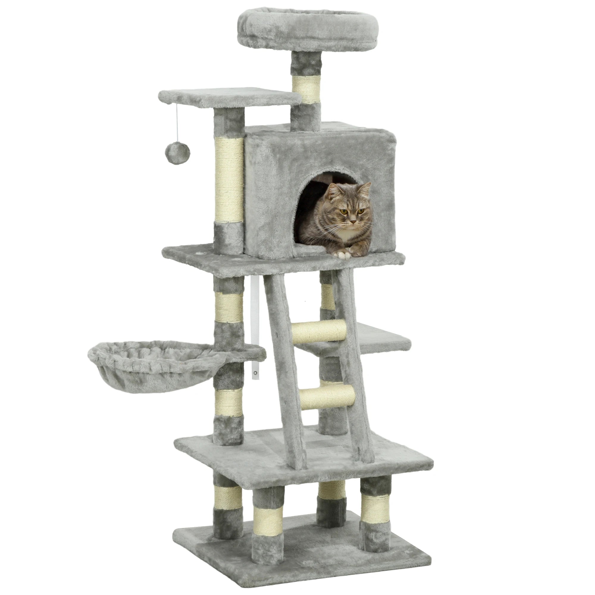 132cm Cat Tree with House Hammock Bed Ladder Scratching Posts for Indoor Cats Grey White