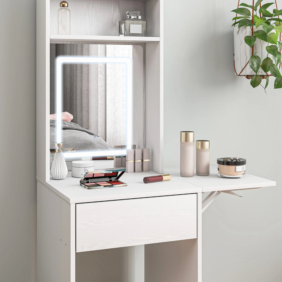 Small Dressing Table with LED Mirror and Fold-Out Leaf, White