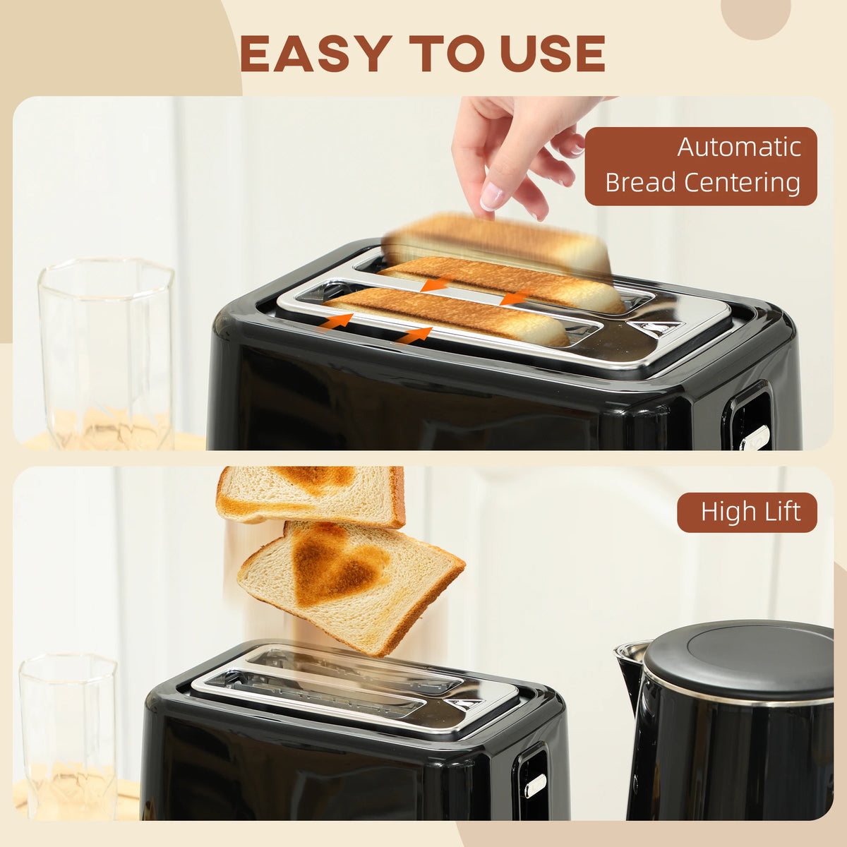 1.5L 3000W Fast Boil Kettle and 2 Slice Toaster Set with Insulation, Black