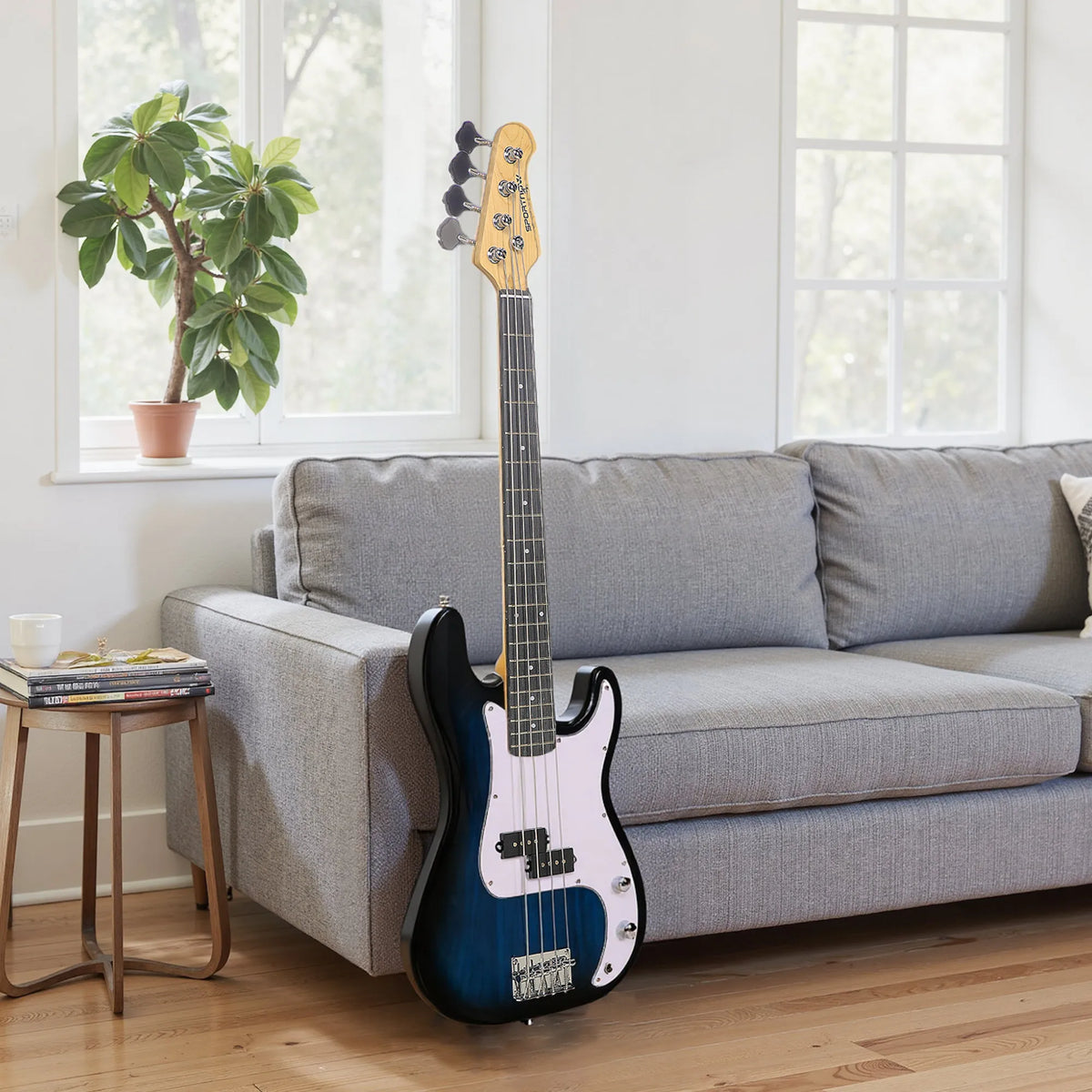 Full Size Electric Bass Guitar Beginner Kit with 15W Amp, Bag and Strap, Blue