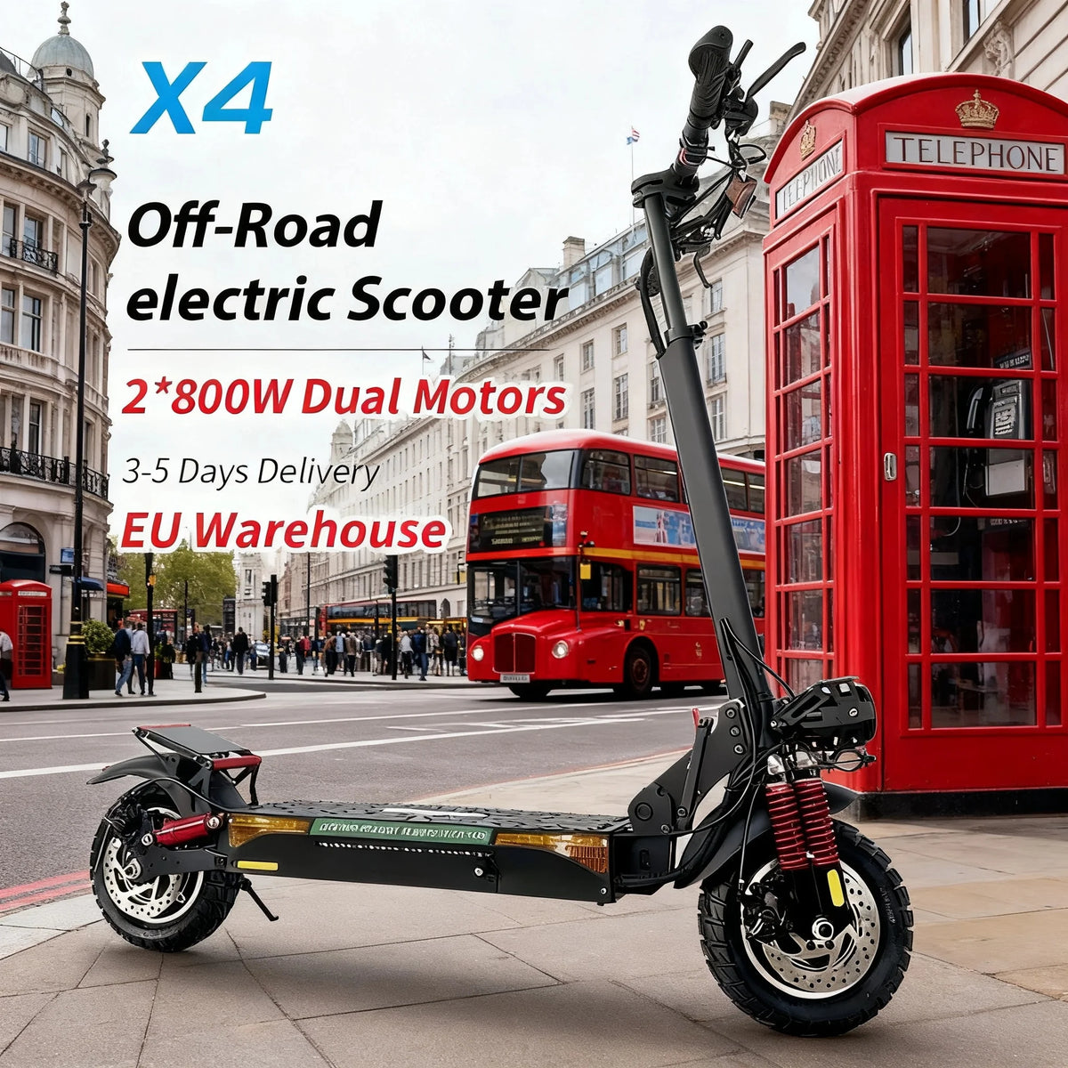 X4 Foldable Dual Motor Electric Scooter 2 x 800W with 18Ah Battery and 10 Inch Off-Road Tyres, Black