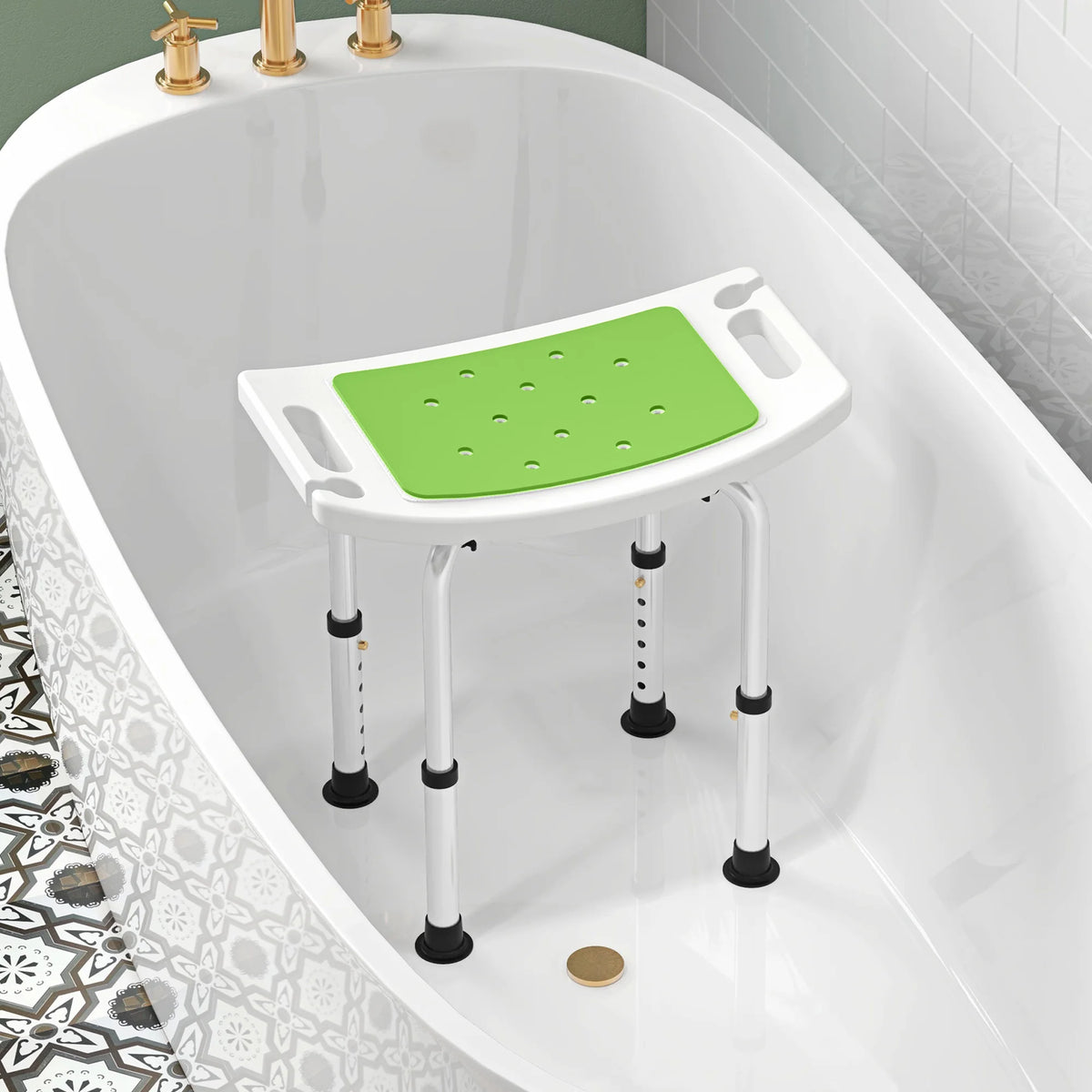 Height-Adjustable Aluminium Shower Stool with Padded Seat and Non-Slip Feet, Green