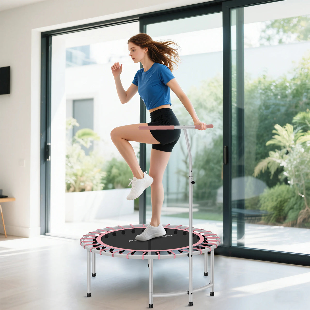 40" Fitness Trampoline, Mini Rebounder Trampoline for Adults with 5-Level Adjustable Handle, Max Load 100KG, Pink