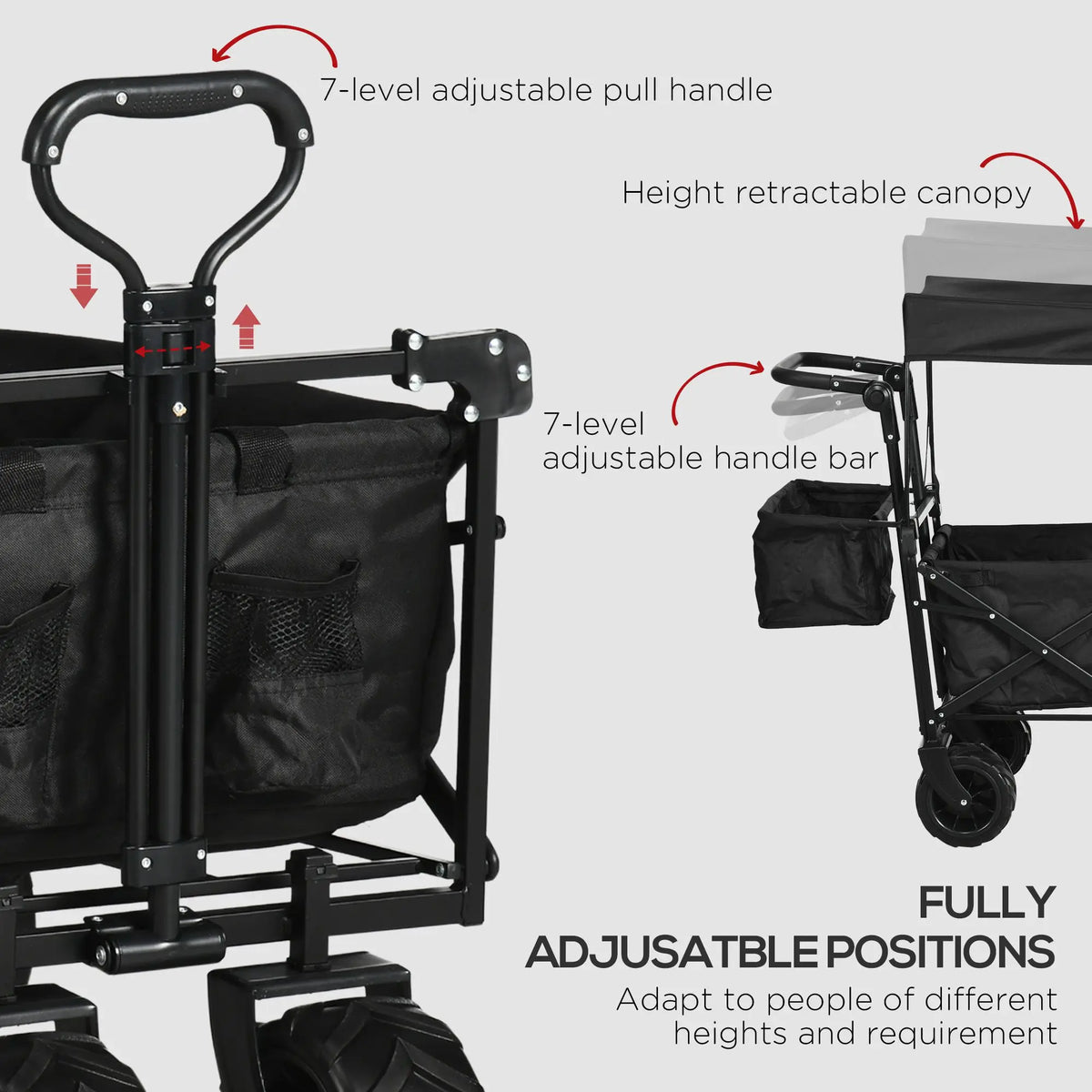 Folding Trolley Cart 68kg with 4 Wheels Telescopic Handle Canopy Side Pocket and Cup Holder Black