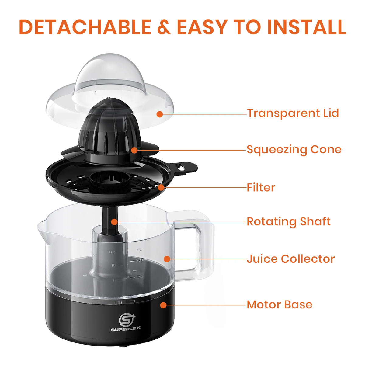 Electric Citrus Juicer 500ml with Two-Way Rotation 30W Motor Detachable Parts and Easy Clean Design for Oranges Lemons and Limes