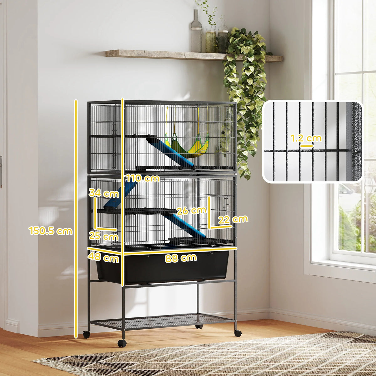 5 Level Rolling Small Animal Cage with Cloth Covered Ramps 16cm Deep Base and 1.2cm Bar Spacing