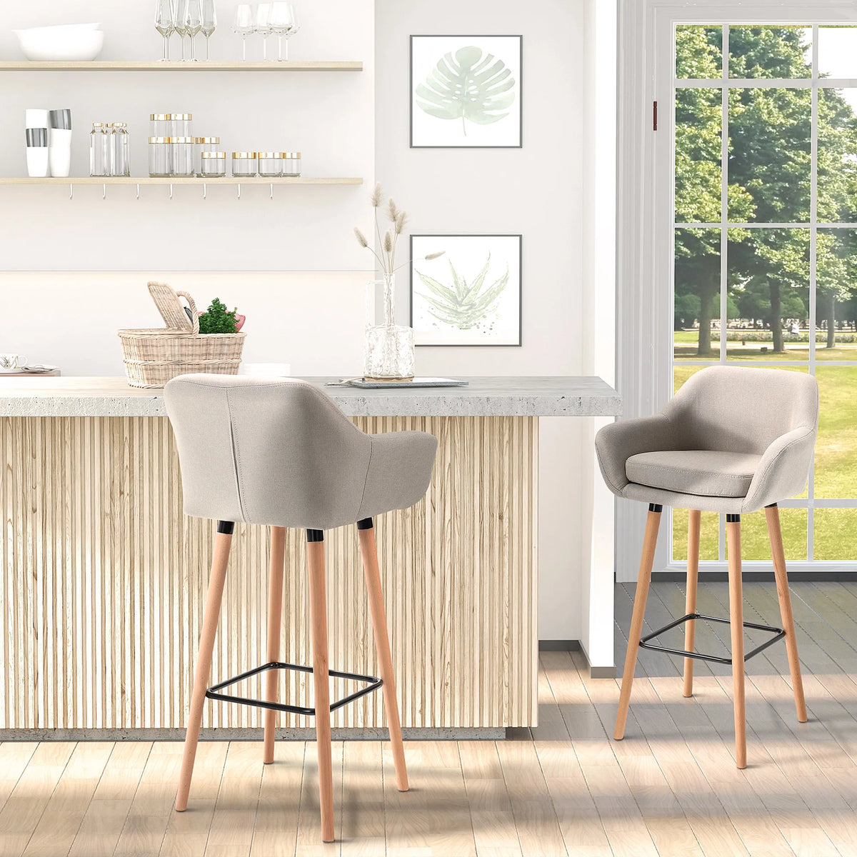 2 PCs Upholstered Bucket Seat Bar Stools w/ Solid Wood Legs Beige