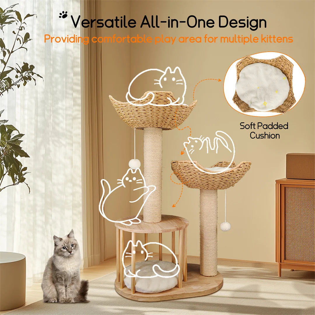 BINGOPAW 3 Tier Cat Climbing Tree 60x40x99cm Activity Centre Scratching Post Natural Wood White