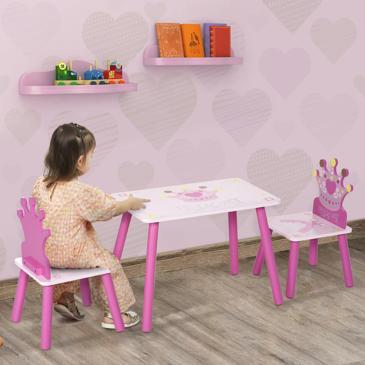3 Piece Kids Table and Chair Set Princess Crown Design Pine Wood and MDF Rounded Corners Ages 2-4 Pink