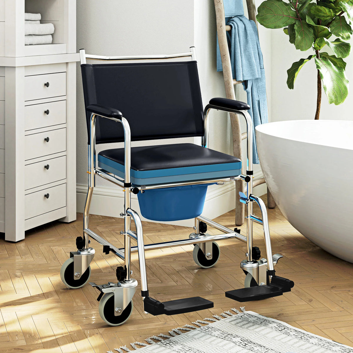 Shower Wheelchair, Commode Wheeled Chair with Padded Seat, Backrest