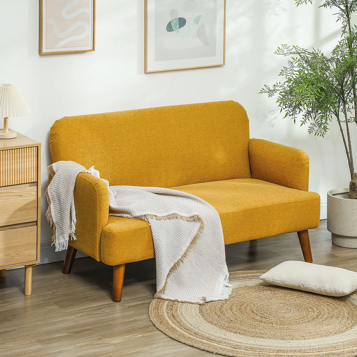 2 Seater Velvet Sofa with 21cm Padded Seat Armrests Solid Rubberwood Legs and Under Clearance Yellow