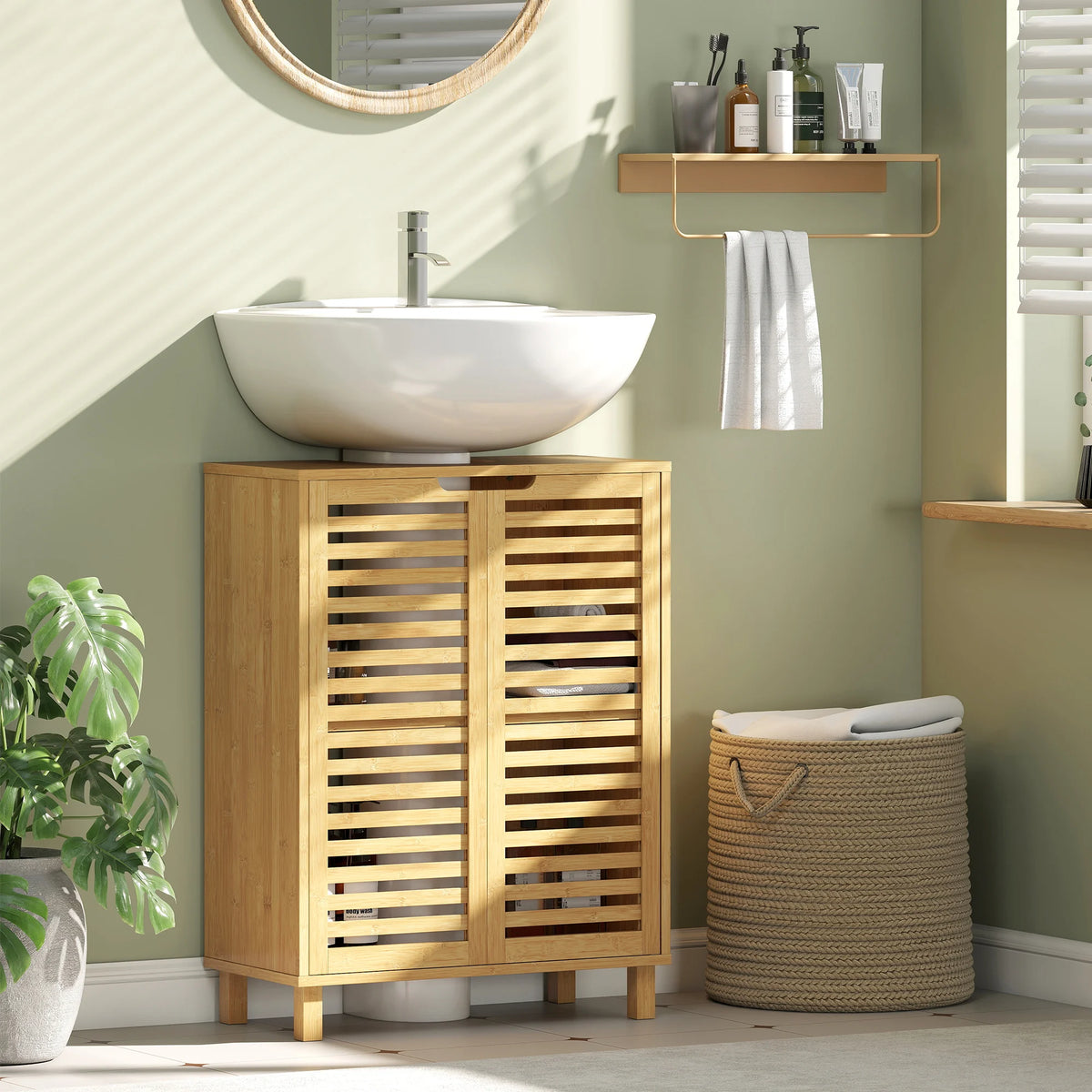 Bamboo Under Sink Bathroom Cabinet with Adjustable Shelf, Natural