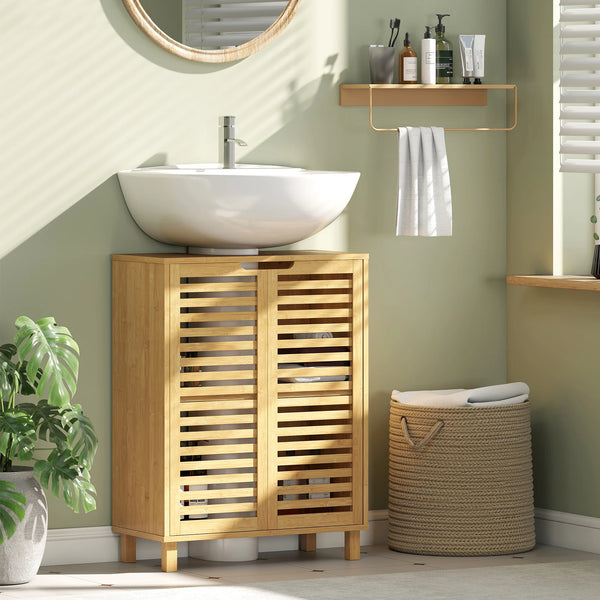 Bamboo Under Sink Bathroom Cabinet with Adjustable Shelf, Natural