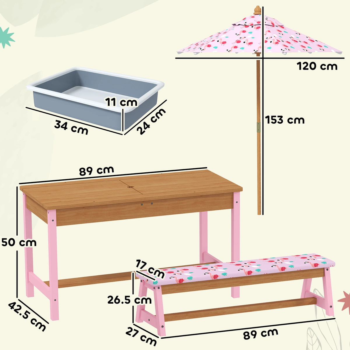 Kids Picnic Table and Bench Set with Umbrella Removable Top Sandbox Storage Boxes Fir Wood Flamingo Pink