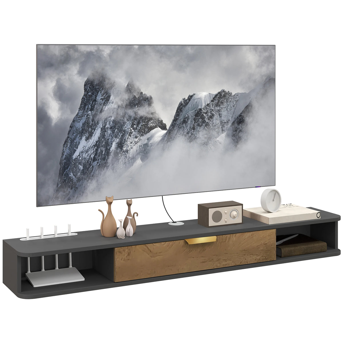 140cm Floating TV Unit with Storage, Wall-Mounted Media Console, Grey