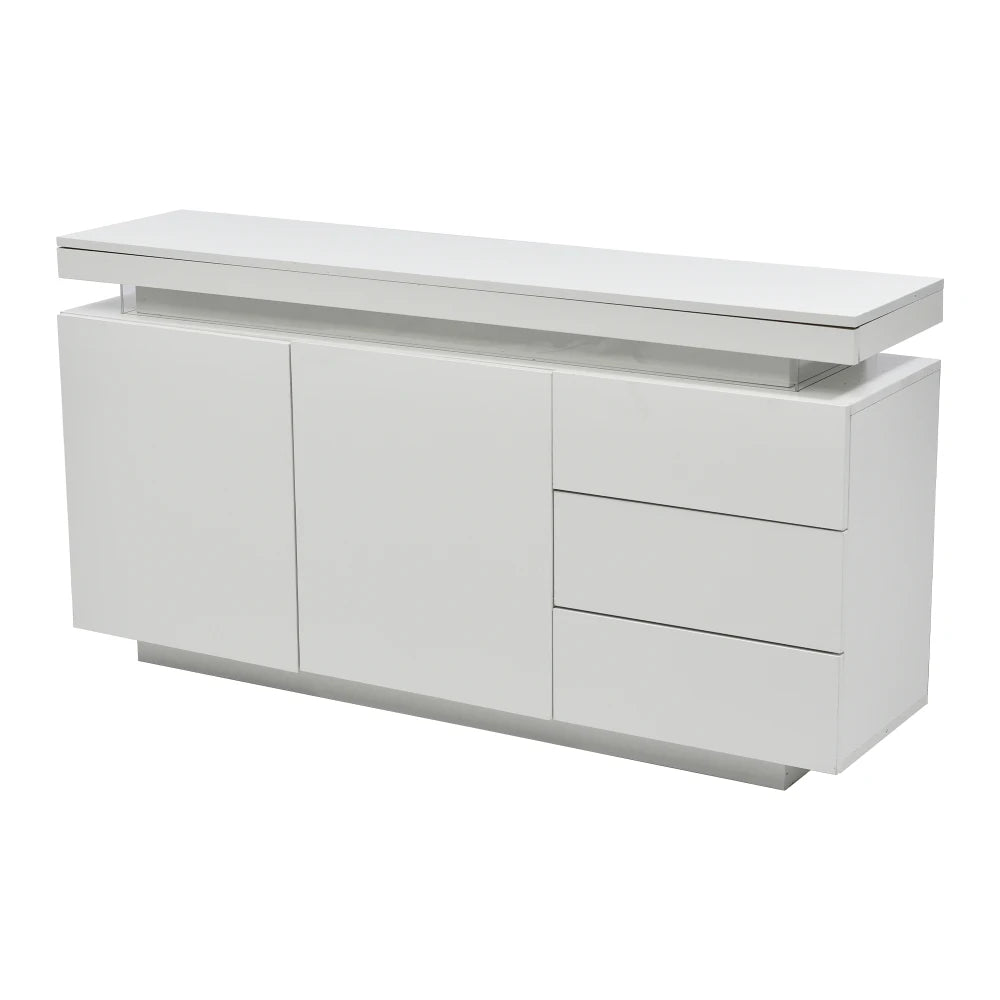 White Sideboard with LED Lights 2 Doors 3 Drawers High Gloss Push Open Living Room Storage Cabinet
