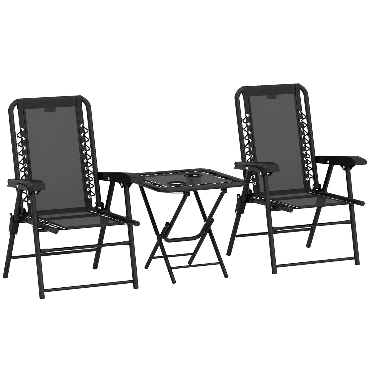 3 Piece Garden Bistro Set, Folding Table and Chairs with Cup Holders, Dark Grey