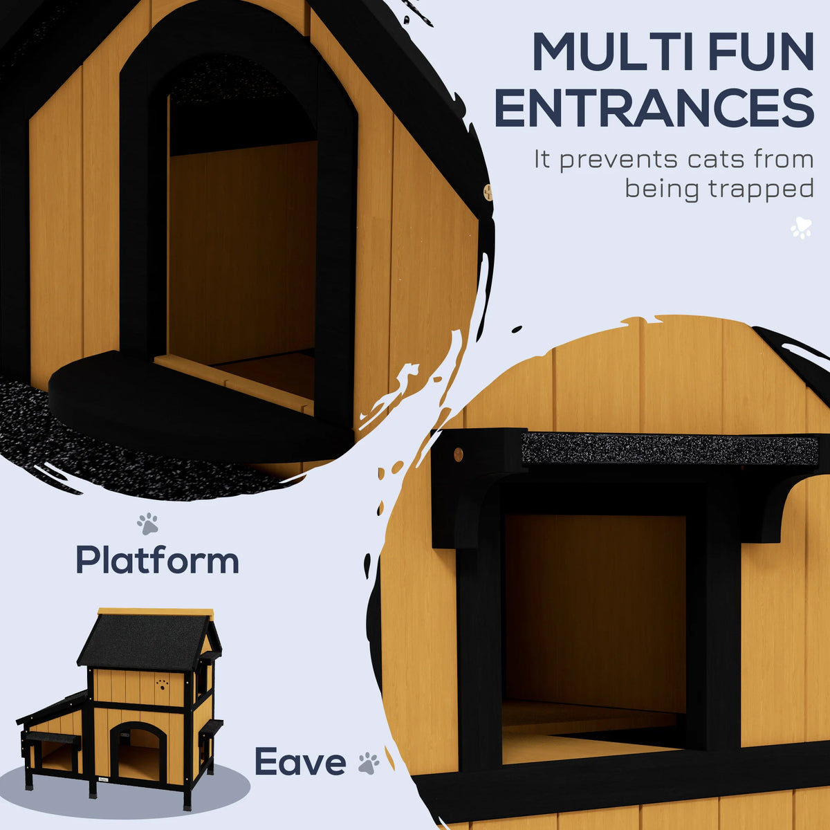 Wooden Outdoor Cat House with Flower Box, Windows and Multiple Entrances, Yellow