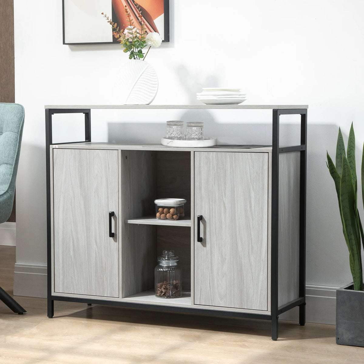 Modern Sideboard Storage Cabinet with Adjustable Shelves Light Grey