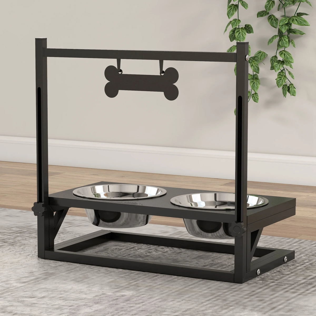 Height Adjustable Raised Dog Bowl Stand with 2 Stainless Steel Bowls