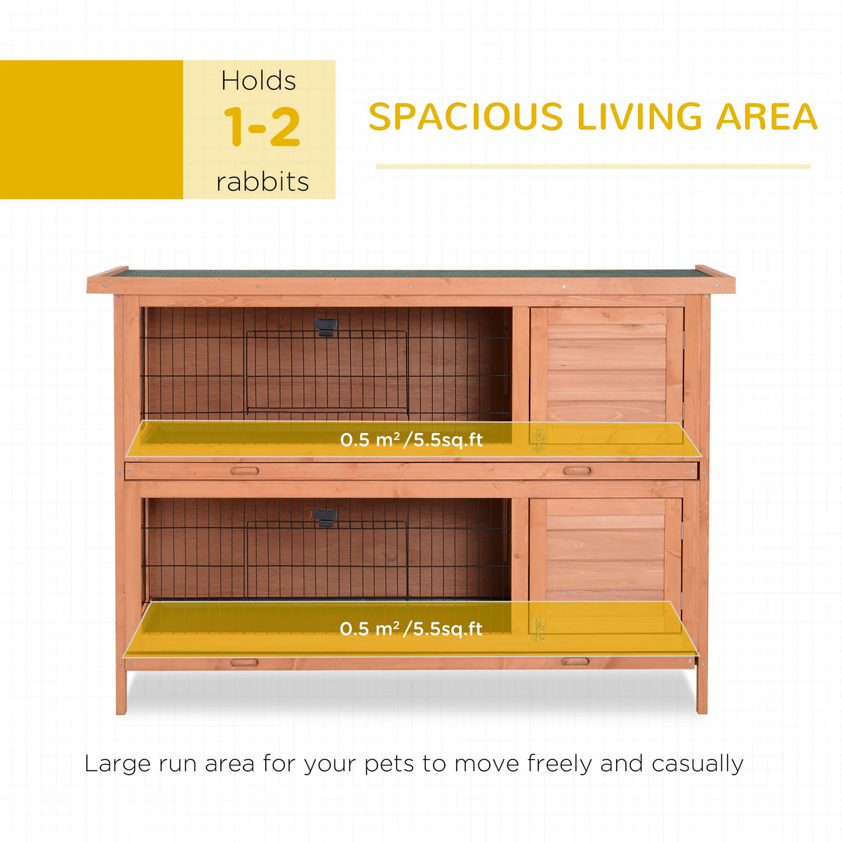 Large Rabbit Hutch 54 Inch 2 Tier with Divider 4 Doors 2 Sliding Trays and Asphalt Roof Fir Wood