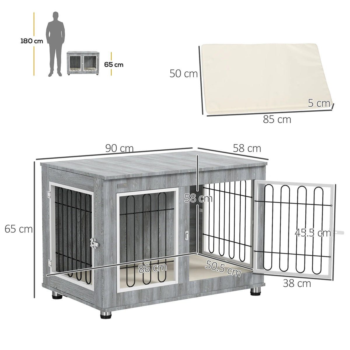 Dog Crate End Table with Soft Cushion, Double Door, for Medium & Large Dogs