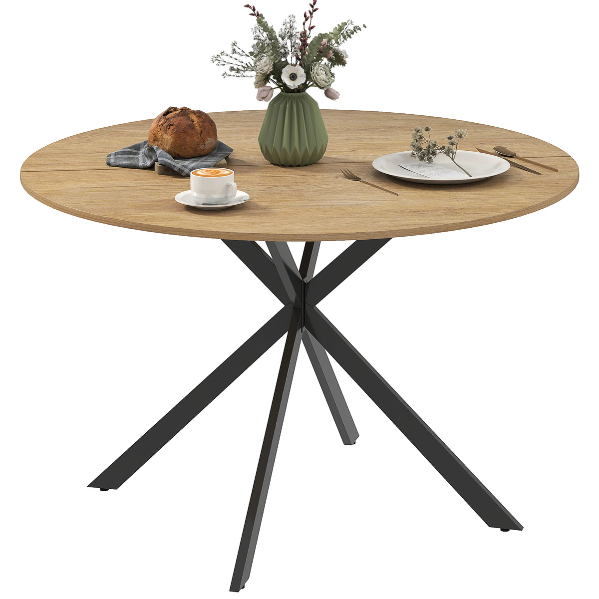 Round Dining Table for 4, 120cm, Oak Effect with Black Steel Legs
